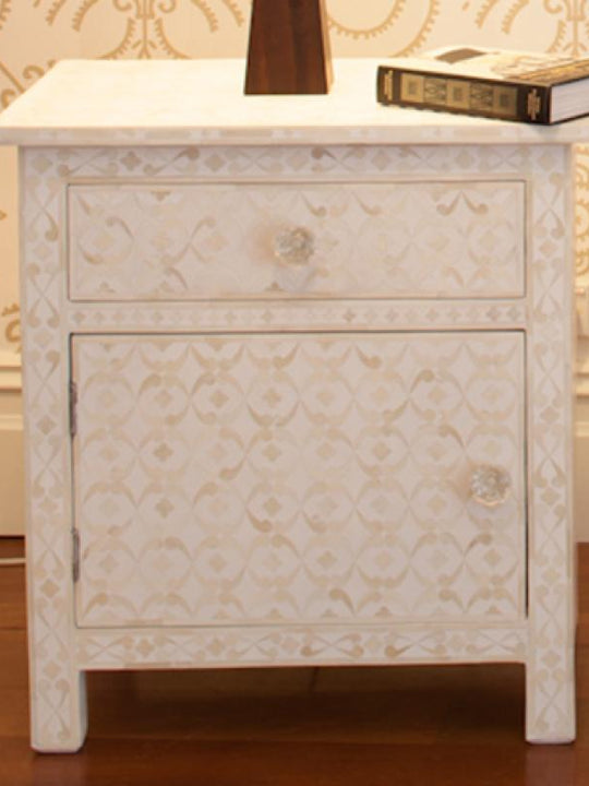 Geometric White Bone Inlay Bedside