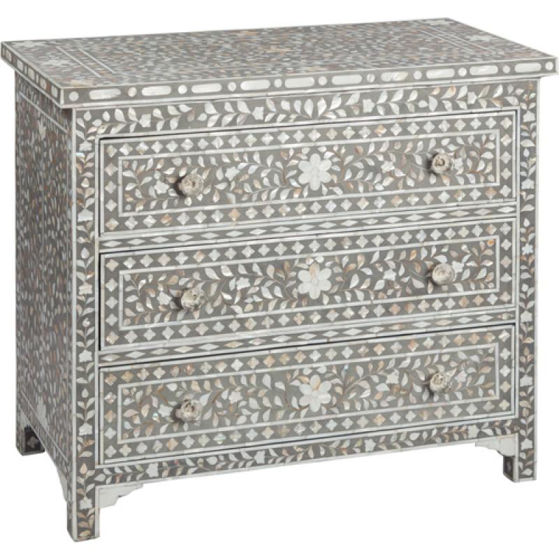Samsara Floral Grey Mother of Pearl Inlay 3-Drawer Chest