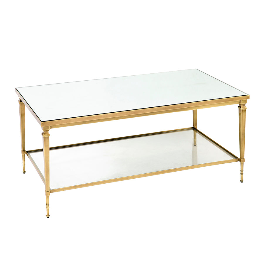 Sullivan Coffee Table with Mirror Top and Glass Shelf – Nickel or Brass Finish