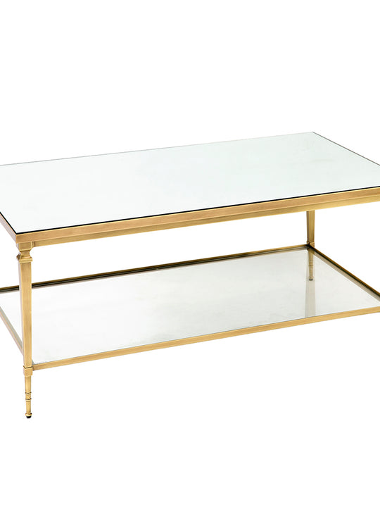 Sullivan Coffee Table with Mirror Top and Glass Shelf – Nickel or Brass Finish